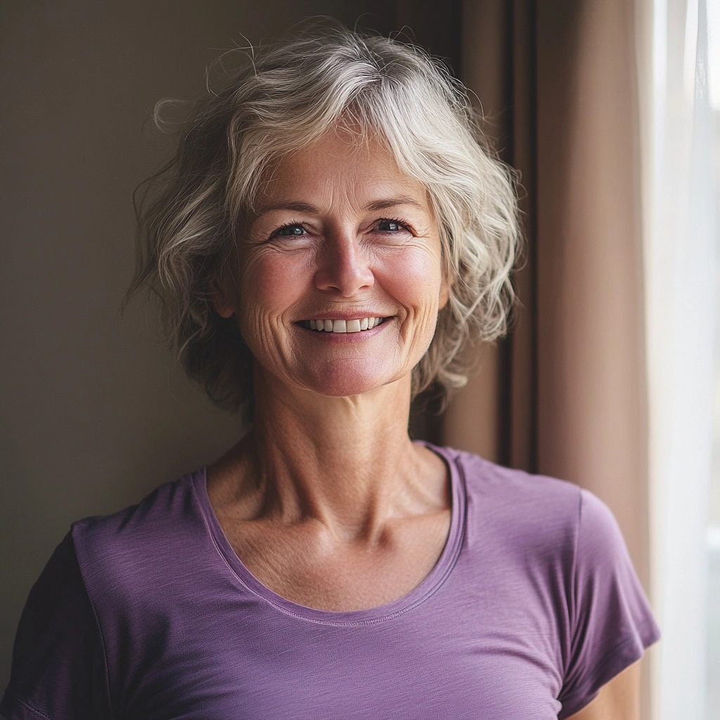 Усміхнена жінка пенсійного віку займається фізичними вправами