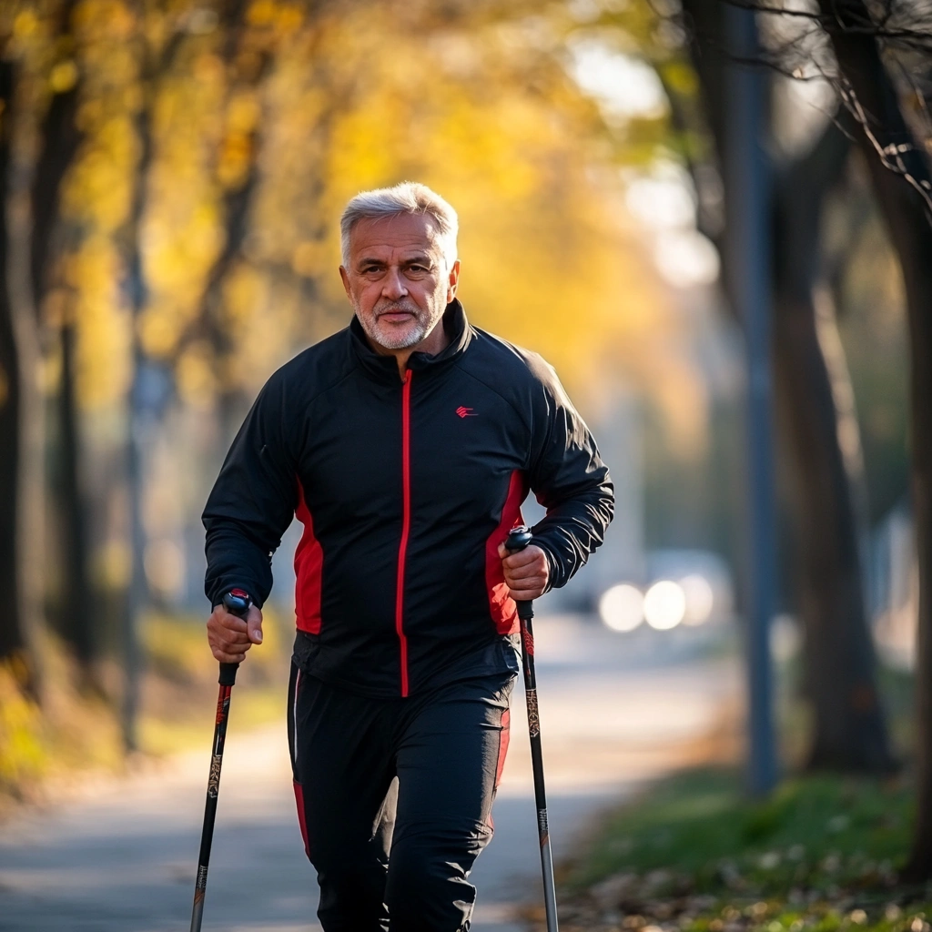 Чоловік старшого віку активно займається скандинавською ходьбою