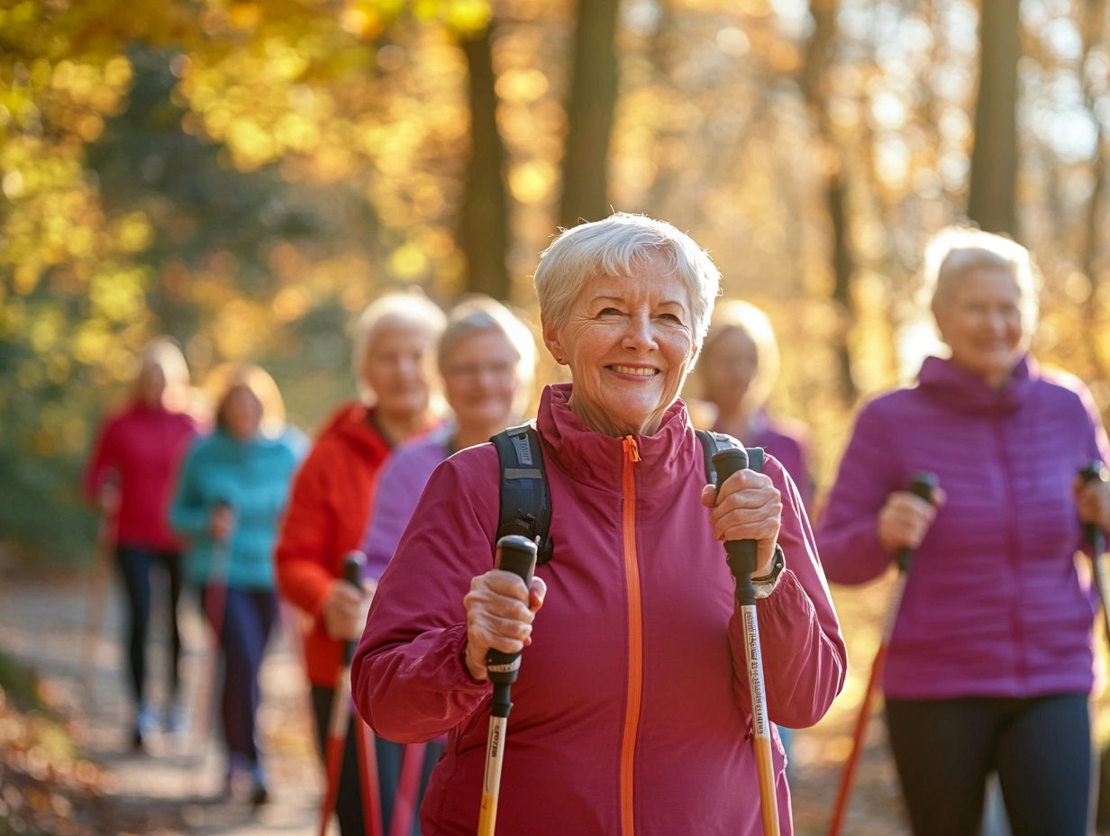 Група пенсіонерів на скандинавській ходьбі в парку
