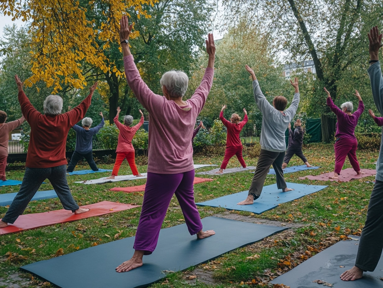 Група пенсіонерів займається йогою в парку